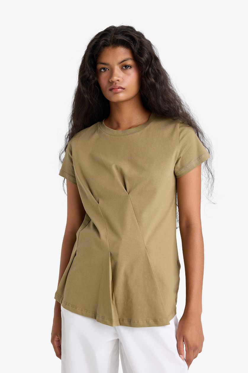 FEMME Kaki T-shirt en coton peigné à col rond et manches courtes Coupe régulière