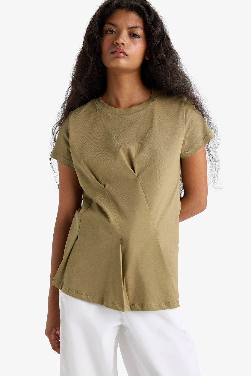 FEMME Kaki T-shirt en coton peigné à col rond et manches courtes Coupe régulière