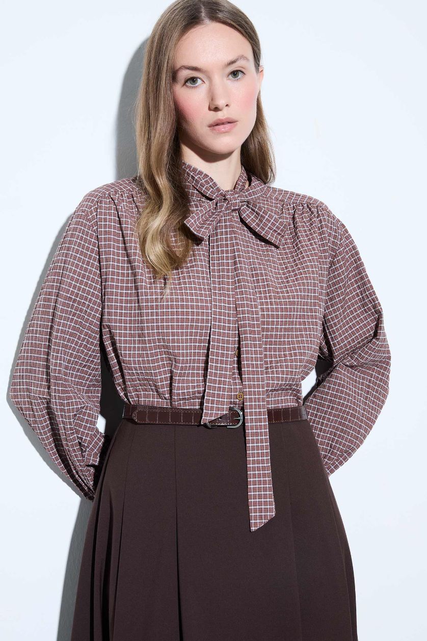 Kadın Kahve Regular Fıt Flanel Uzun Kollu Tunik