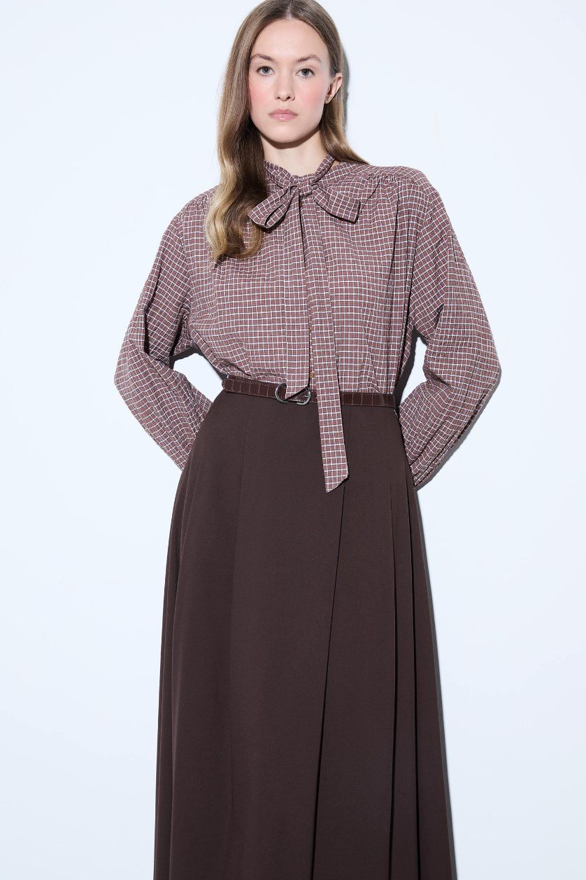 Kadın Kahve Regular Fıt Flanel Uzun Kollu Tunik