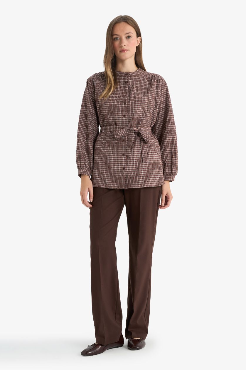 Kadın Kahve Regular Fıt Flanel Uzun Kollu Tunik