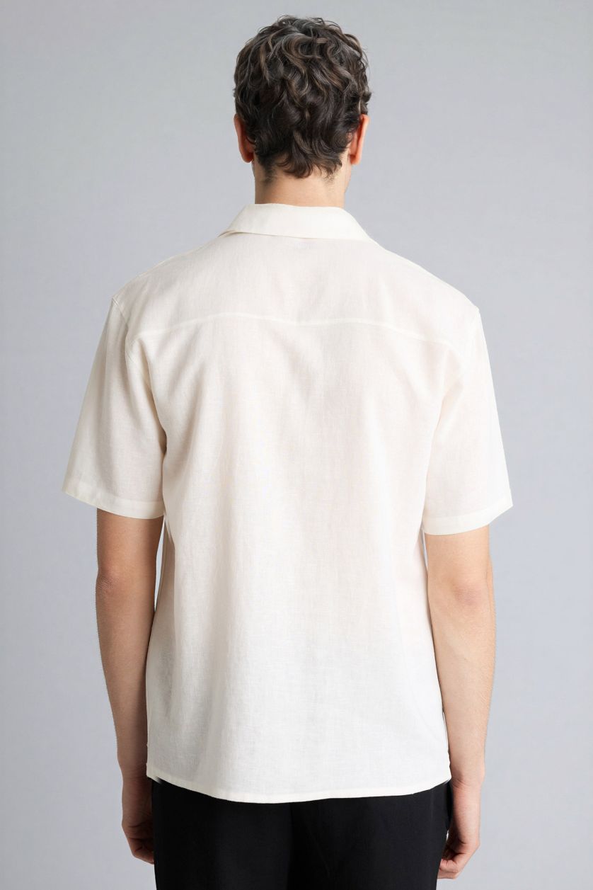 MAN Ecru قميص كتان مخلوط قصة عادية نص كم