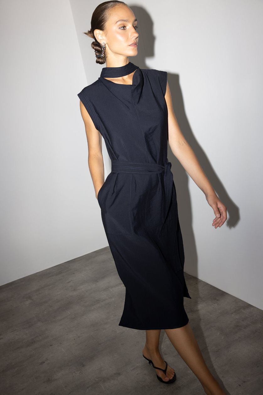 WOMAN NAVY Modal Sleeveless Tie Detail Midi Dress