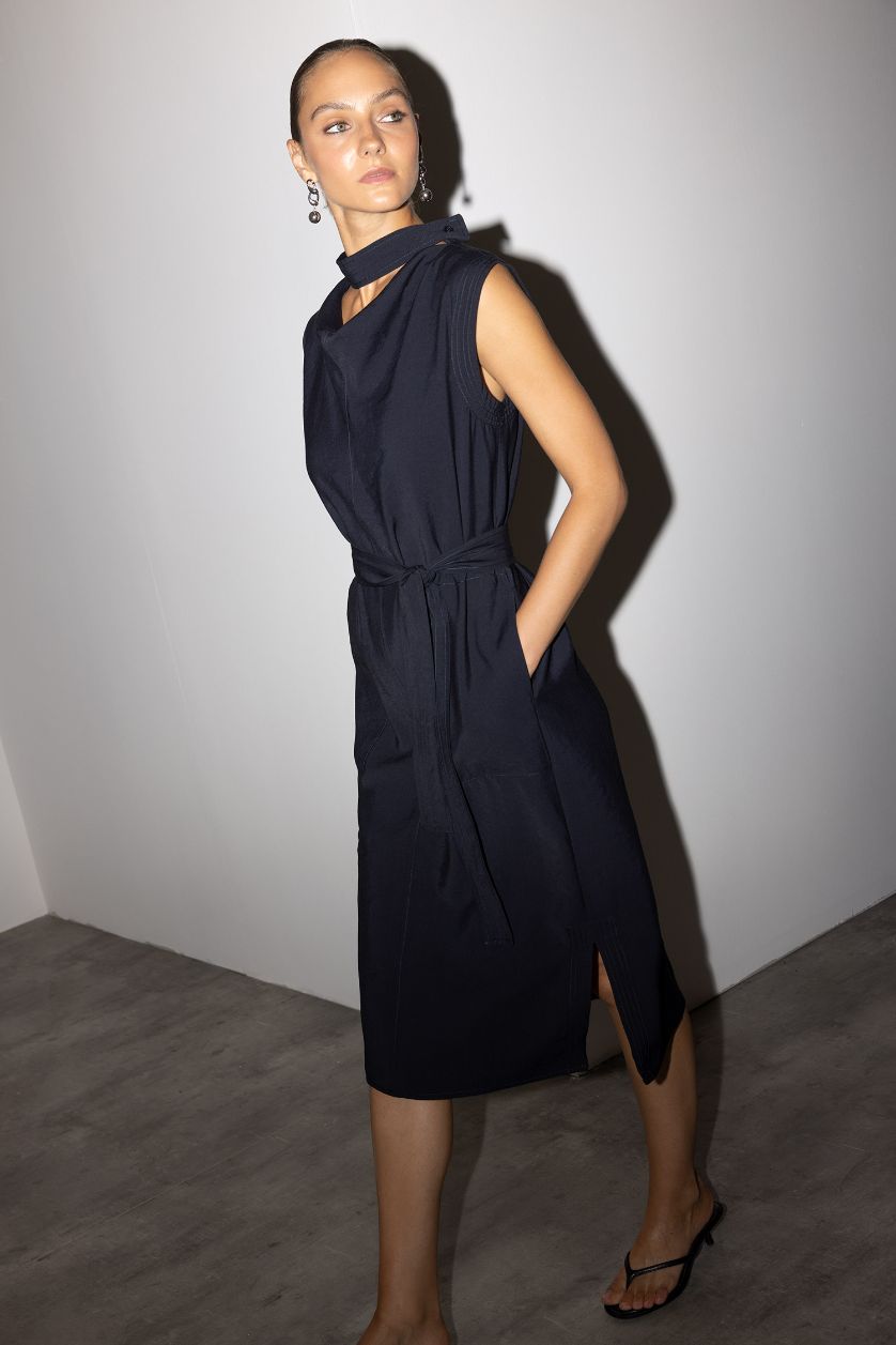WOMAN NAVY Modal Sleeveless Tie Detail Midi Dress