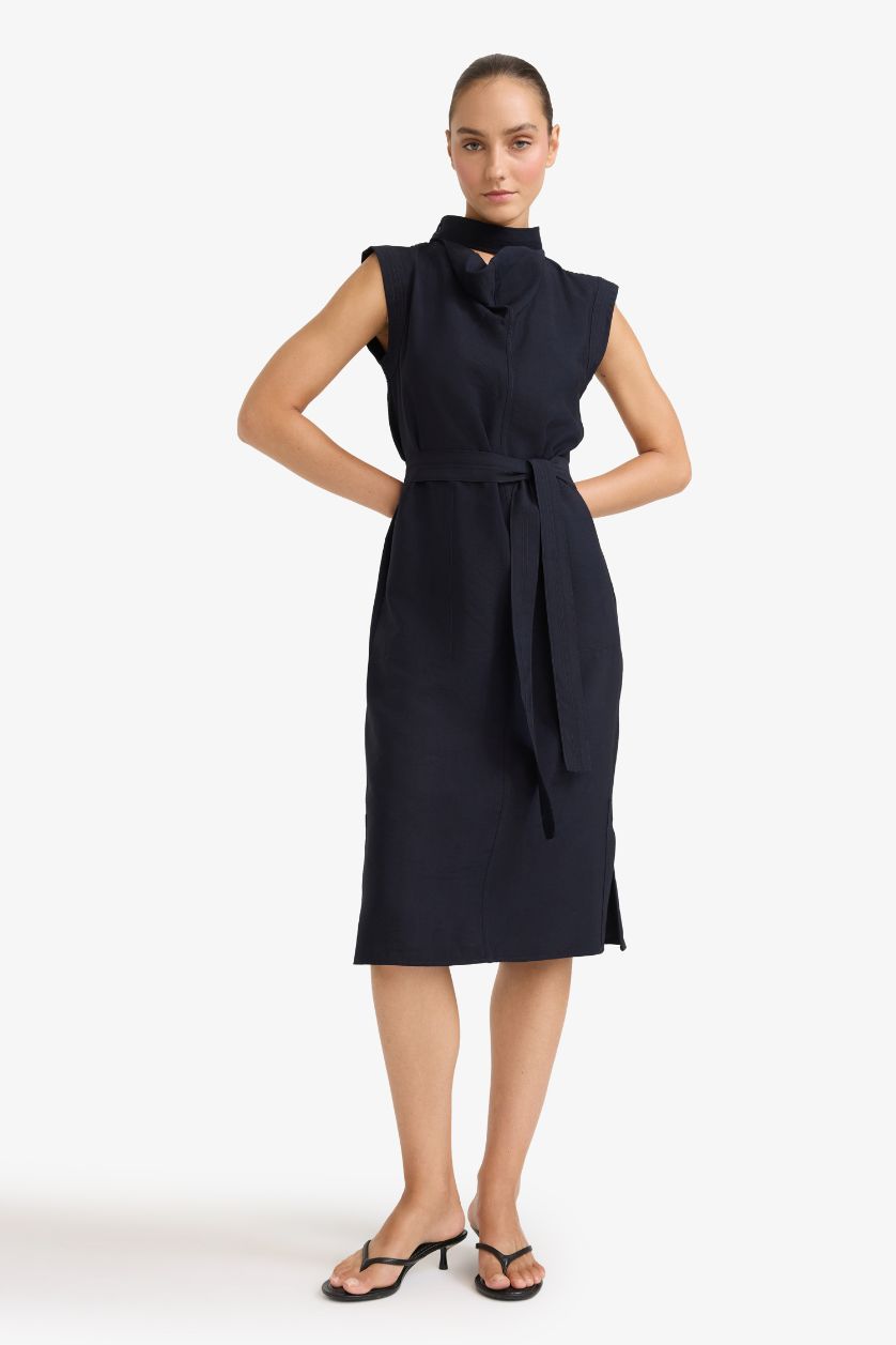 WOMAN NAVY Modal Sleeveless Tie Detail Midi Dress