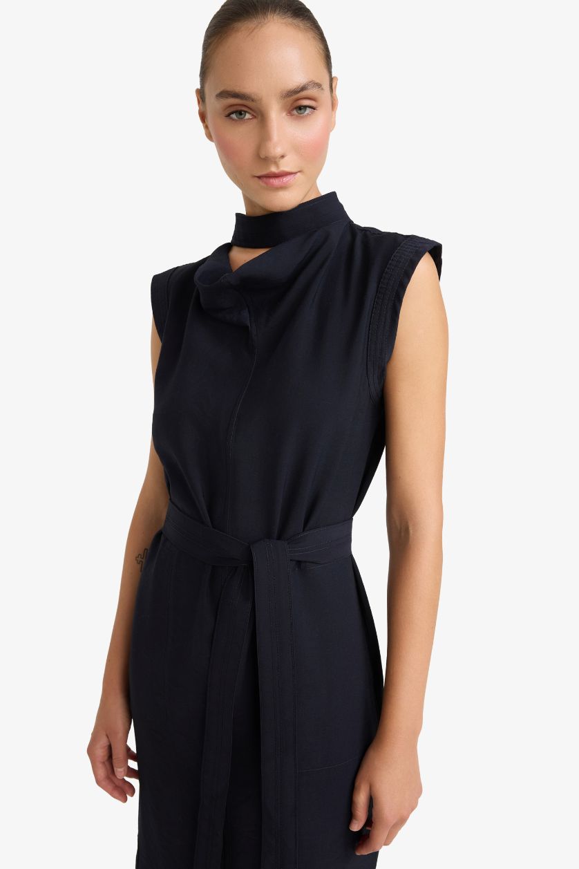 WOMAN NAVY Modal Sleeveless Tie Detail Midi Dress