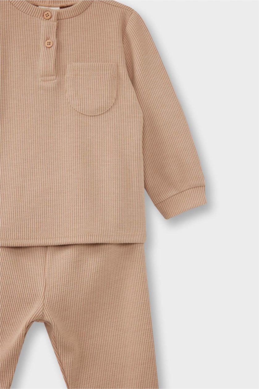 Erkek Bebek Vizon Pijama Takımı Uzun Kollu Waffle Üst Uzun Alt Erkek Bebek