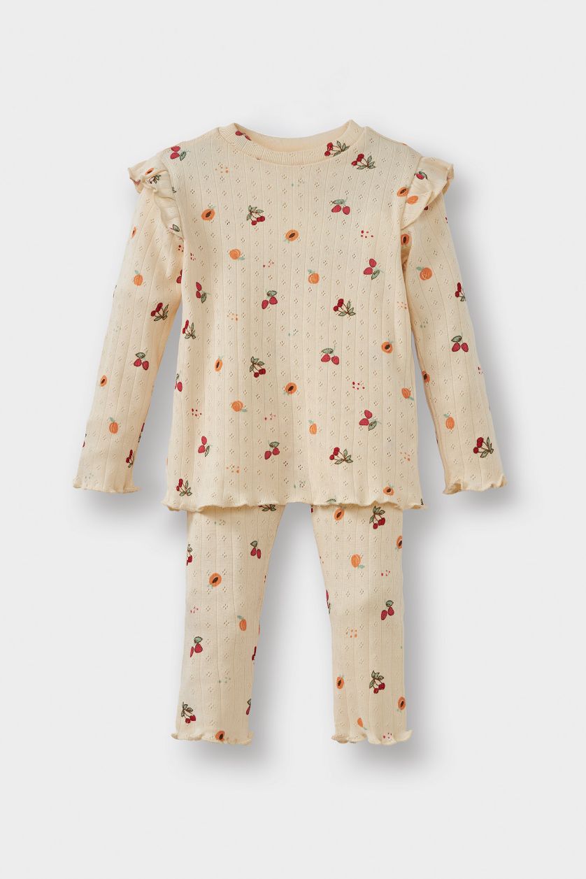 Kız Bebek Kum Pijama Takımı Meyve Desenli Uzun Kollu Fitilli Kaşkorse Üst Uzun Alt Kız Bebek