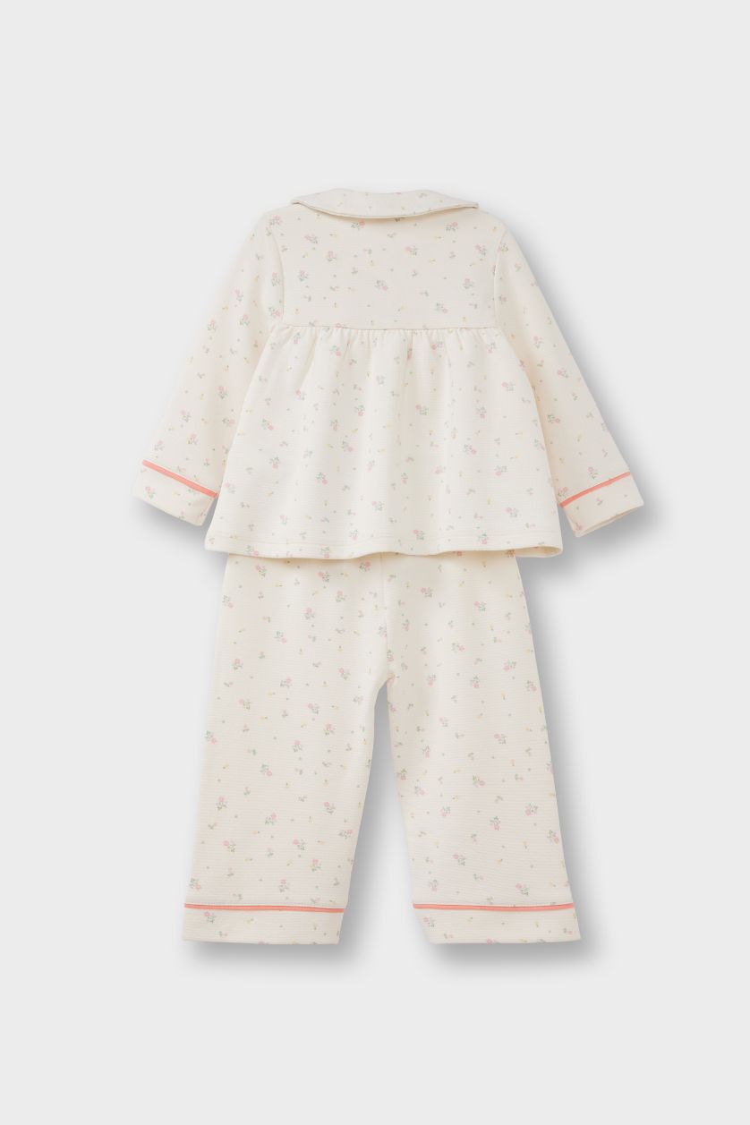 Baby Girl Ecru 2 piece Regular Fit Flower Knitted Pyjamas