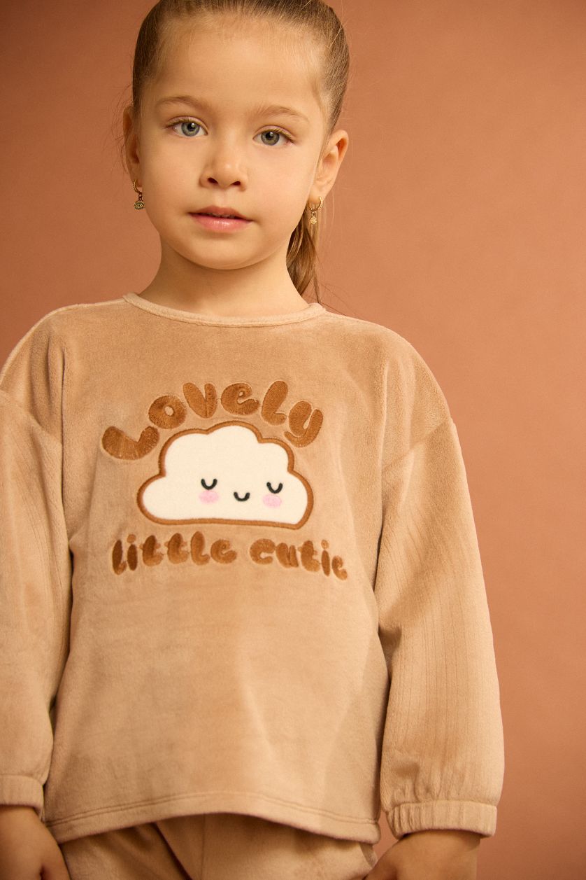 Kız Bebek Vizon Pijama Takımı Bulut Baskılı Uzun Kollu Welsoft Pelüş Üst Uzun Alt Kız Bebek