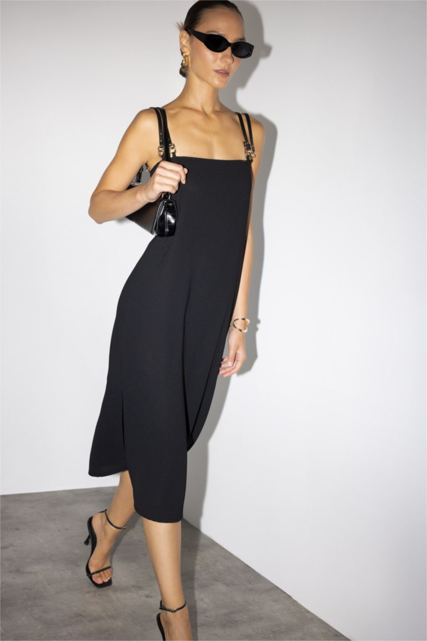 Kadın Siyah Kare Yaka Krep Kısa Kollu Midi Elbise