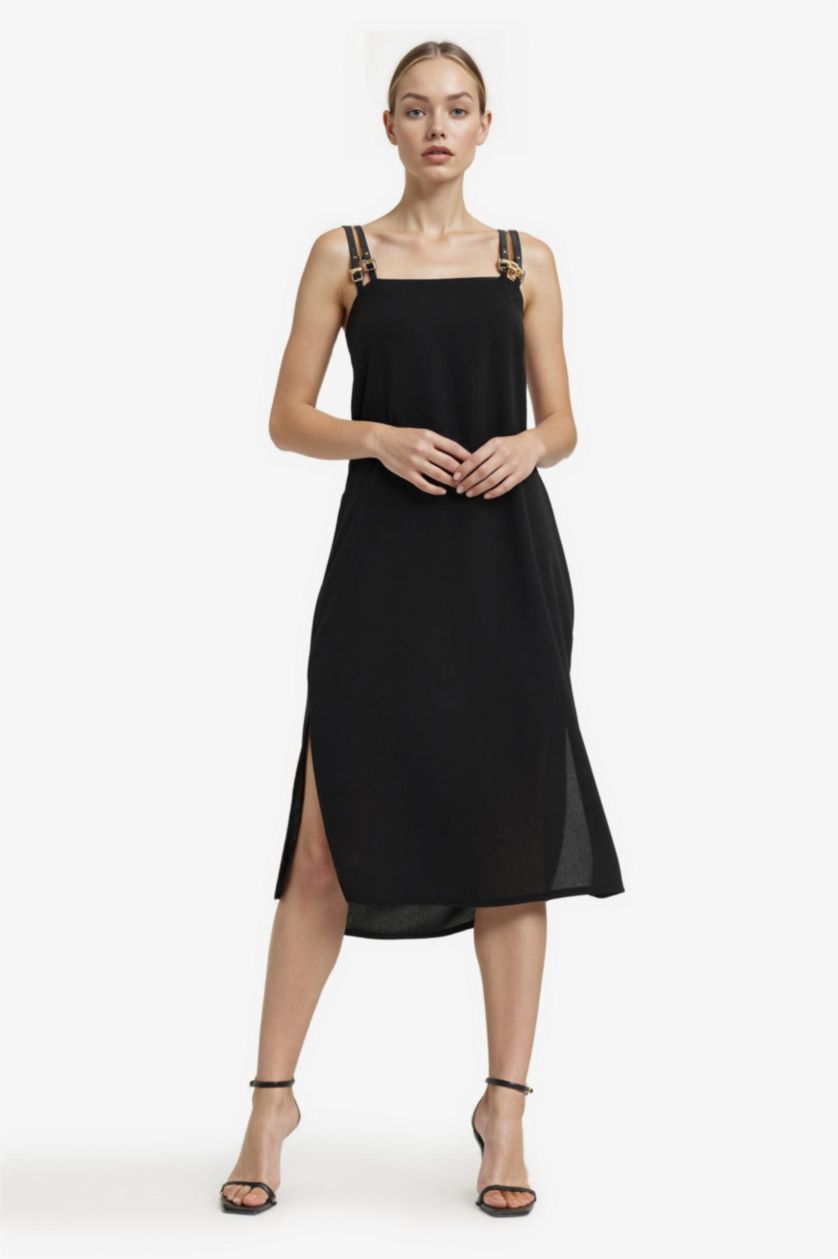 Kadın Siyah Kare Yaka Krep Kısa Kollu Midi Elbise