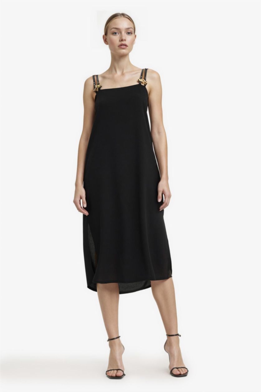 Kadın Siyah Kare Yaka Krep Kısa Kollu Midi Elbise