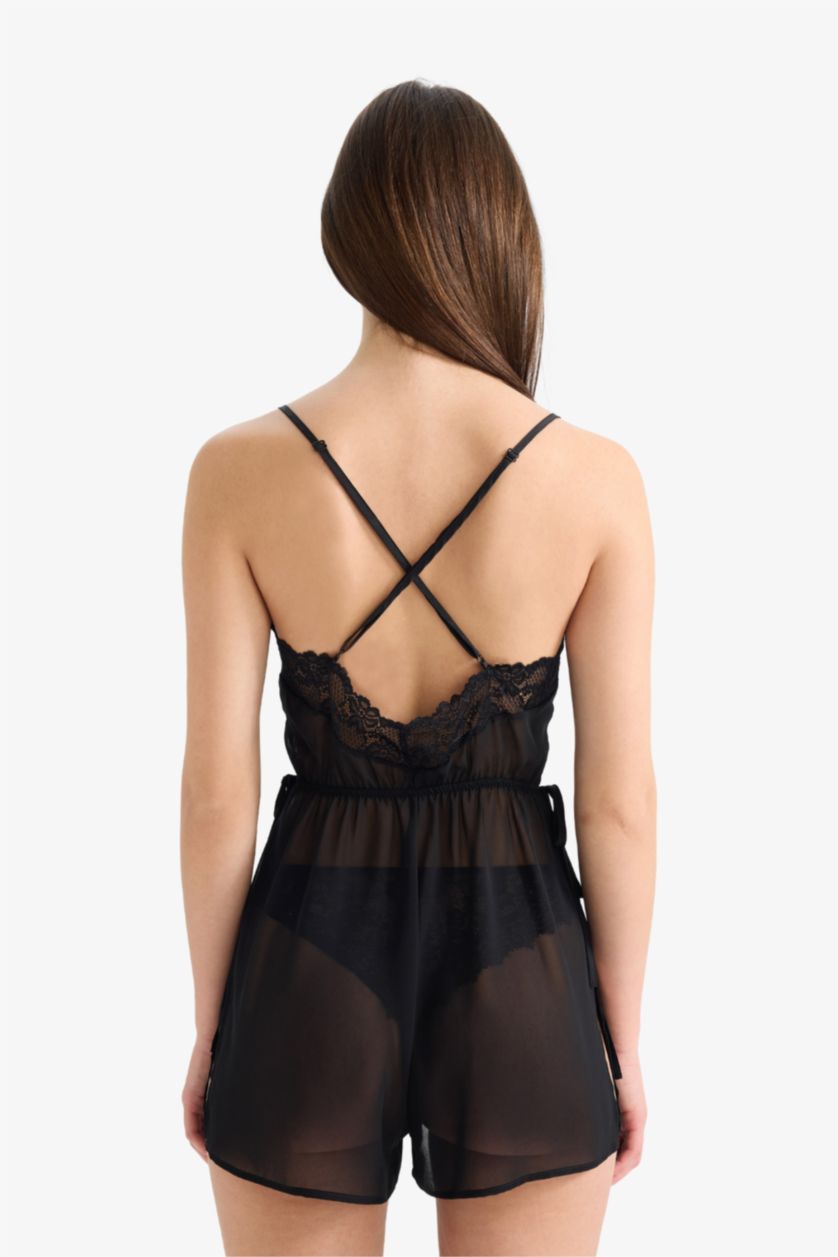 Kadın Siyah Regular Fit V Yaka Şifon Askılı Tulum Gecelik