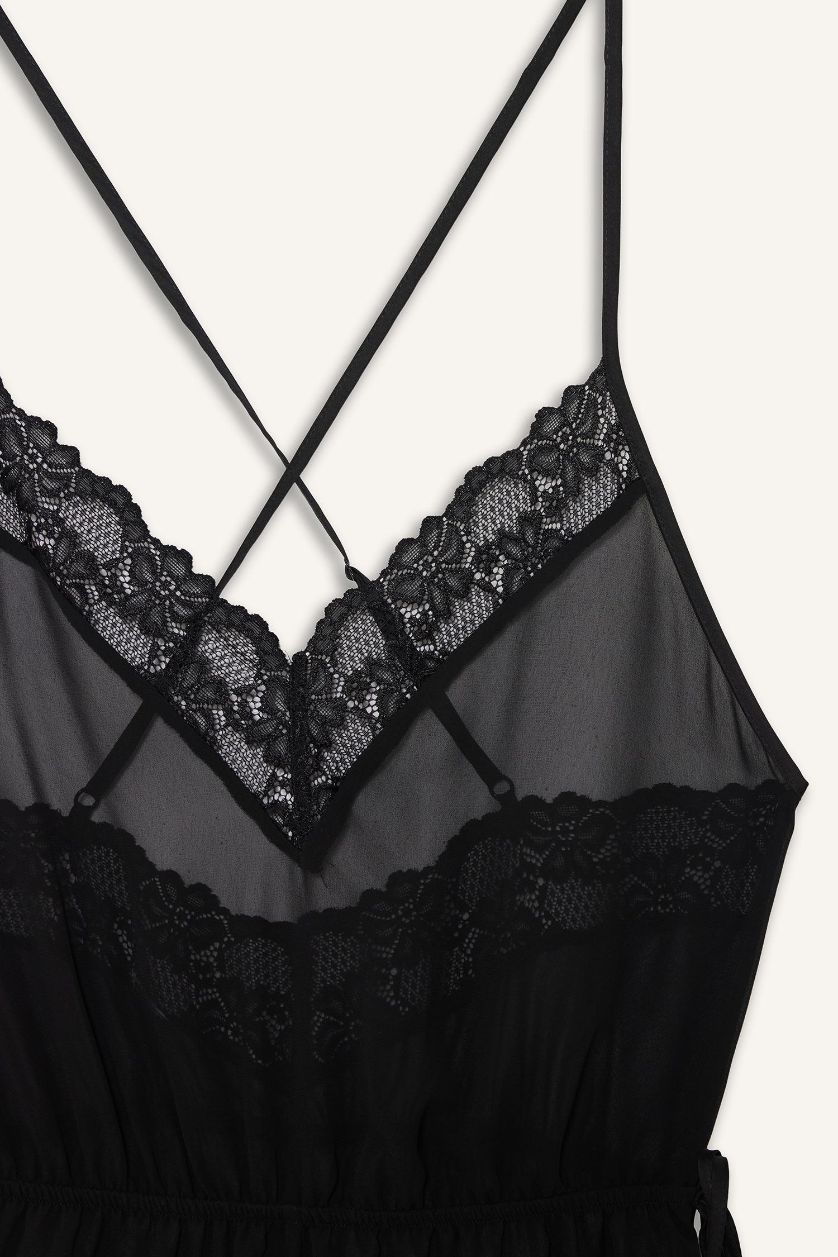 Kadın Siyah Regular Fit V Yaka Şifon Askılı Tulum Gecelik