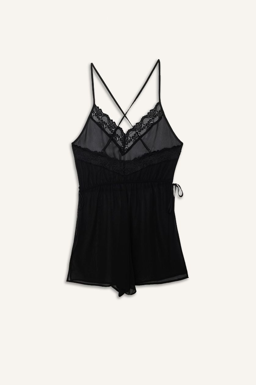 Kadın Siyah Regular Fit V Yaka Şifon Askılı Tulum Gecelik