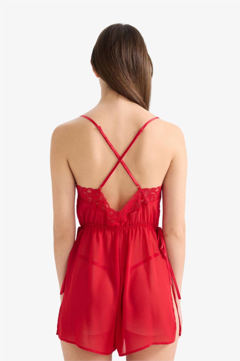 Kadın Kırmızı Regular Fit V Yaka Şifon Askılı Tulum Gecelik