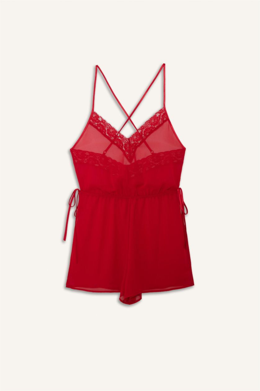 Kadın Kırmızı Regular Fit V Yaka Şifon Askılı Tulum Gecelik