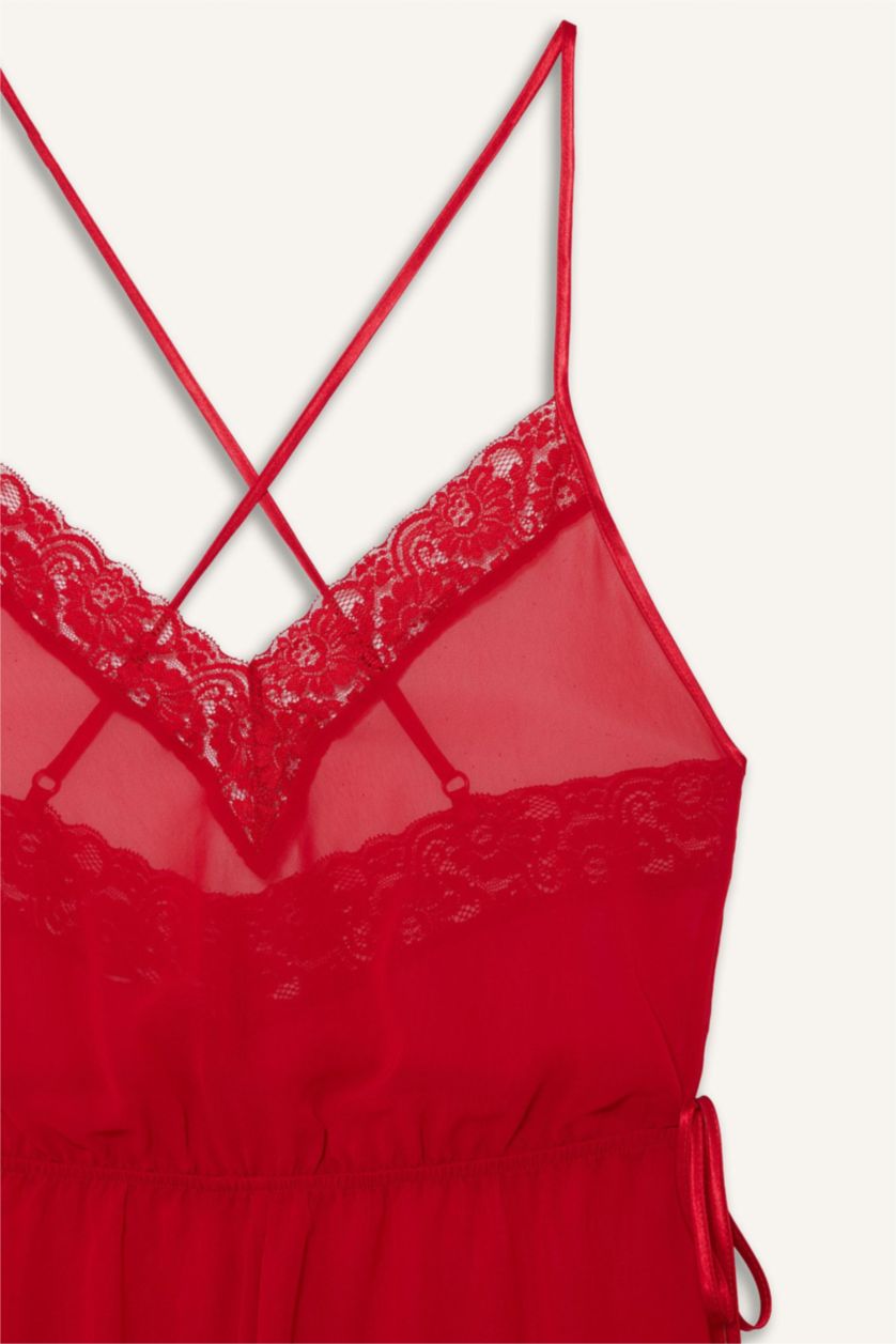 Kadın Kırmızı Regular Fit V Yaka Şifon Askılı Tulum Gecelik