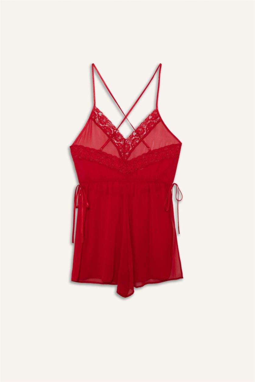 Kadın Kırmızı Regular Fit V Yaka Şifon Askılı Tulum Gecelik