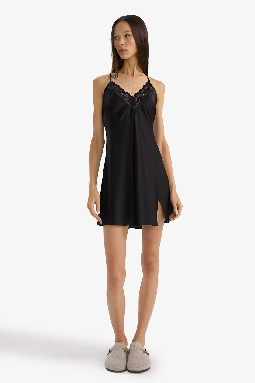 WOMAN Black Regular Fit V-Neck Lace Detail Satin Strappy Nightgown