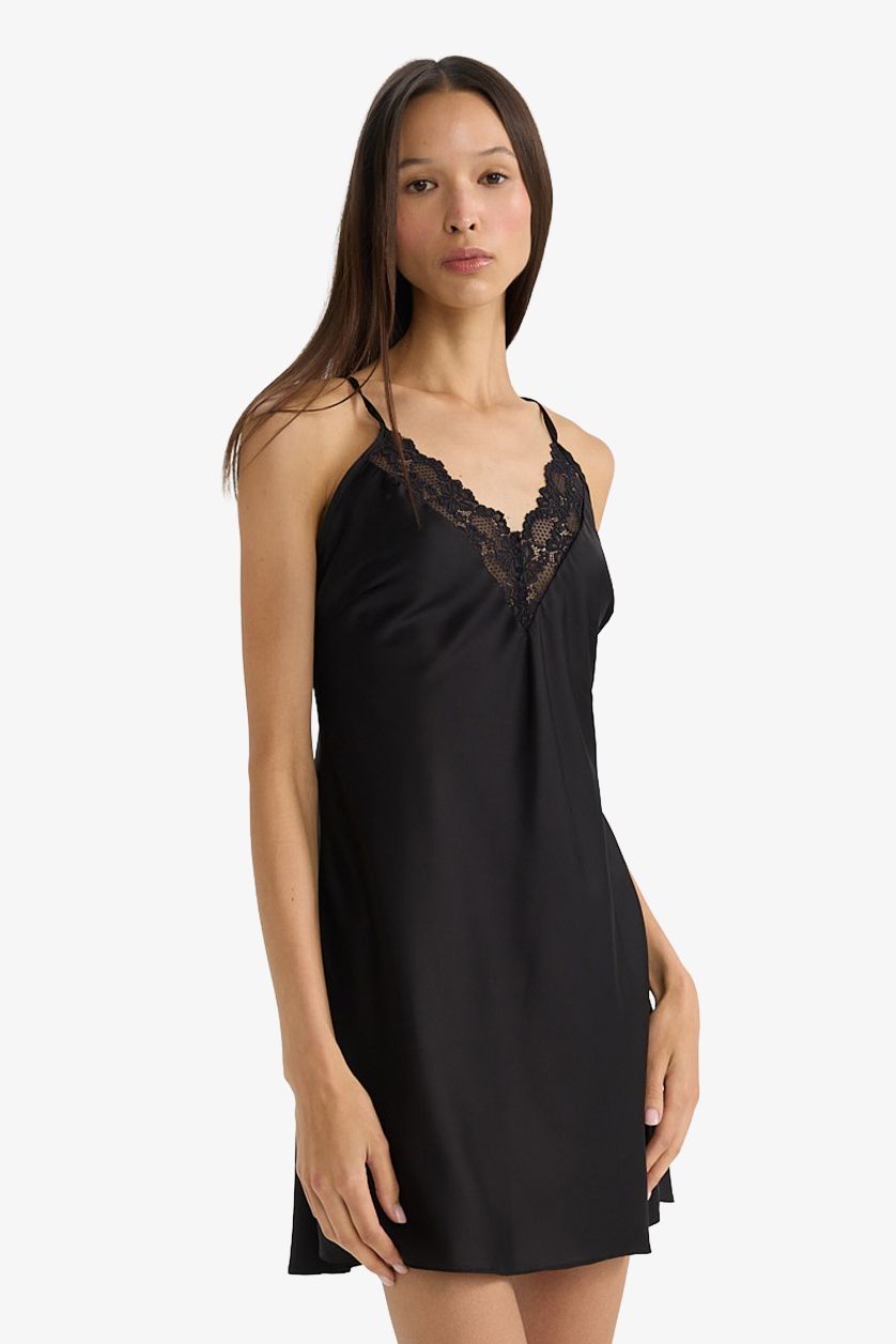 WOMAN Black Regular Fit V-Neck Lace Detail Satin Strappy Nightgown