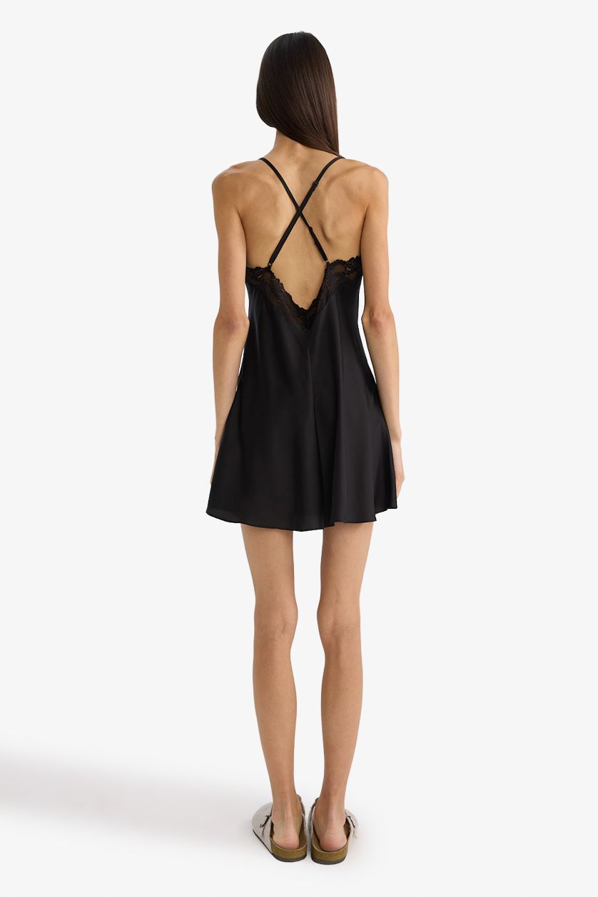 WOMAN Black Regular Fit V-Neck Lace Detail Satin Strappy Nightgown