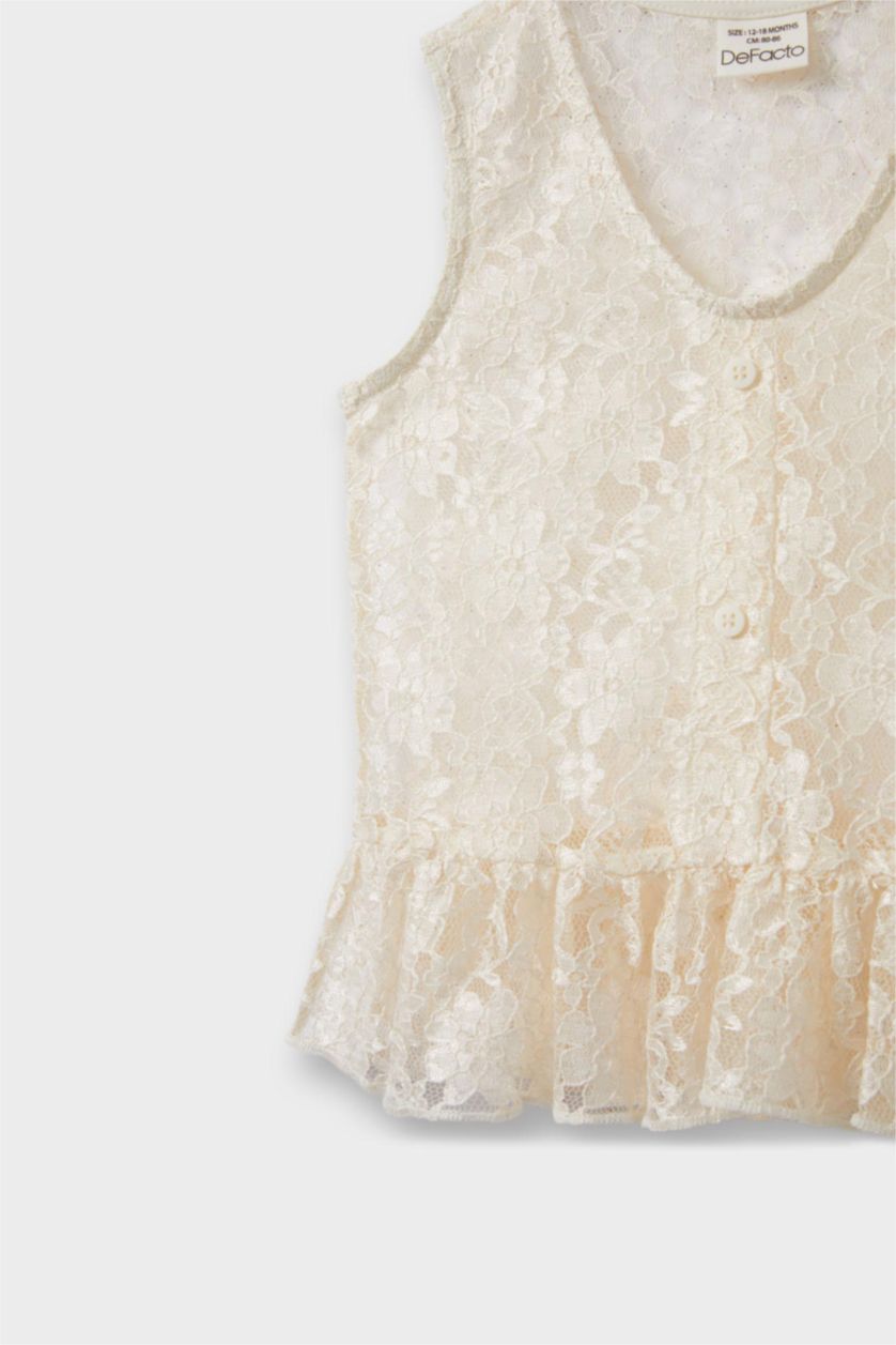 Kız Bebek Ekru V Yaka Düğmeli Tül Kolsuz Bluz Kız Bebek