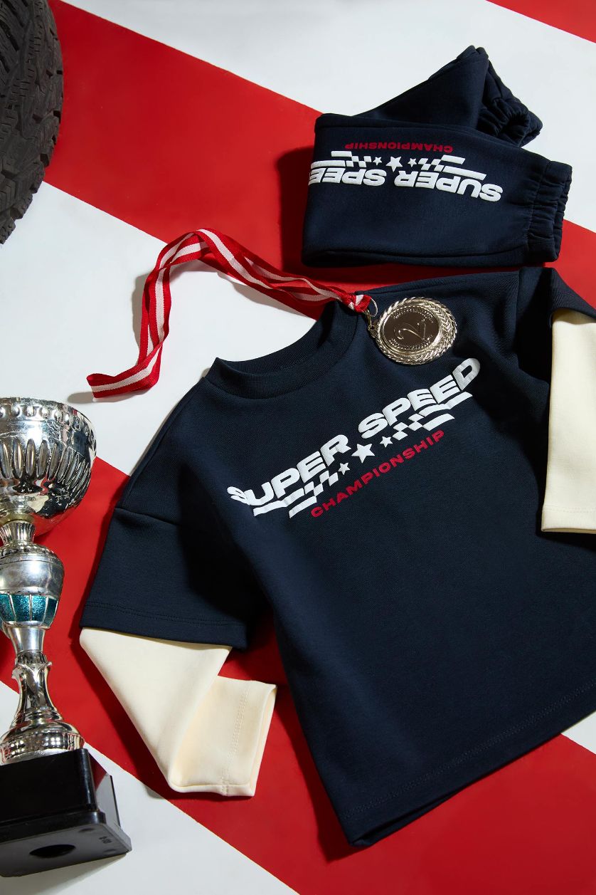 Erkek Bebek Lacivert 2'li Takım Baskılı Sweatshirt Eşofman Altı Erkek Bebek