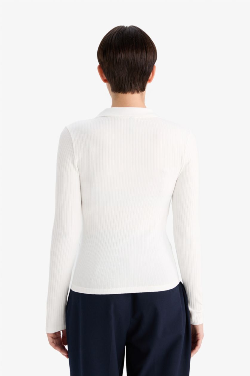 Kadın Ekru Slım Fıt Polo Yaka Basıc Düz Fitilli Kaşkorse Uzun Kollu Tişört