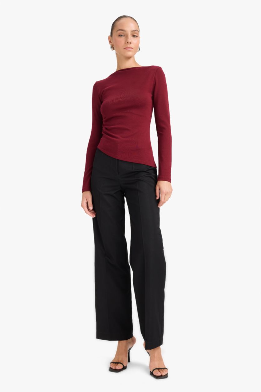 WOMAN Bordeaux Slim Fit Boat Neck Rib Long Sleeve T-Shirt