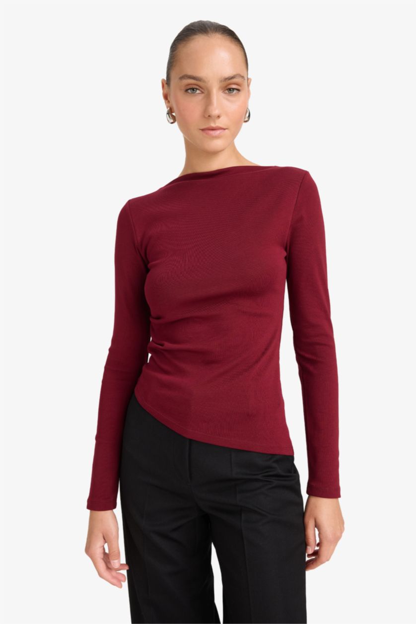 WOMAN Bordeaux Slim Fit Boat Neck Rib Long Sleeve T-Shirt