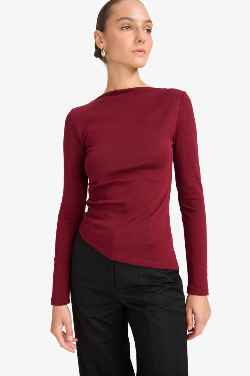WOMAN Bordeaux Slim Fit Boat Neck Rib Long Sleeve T-Shirt