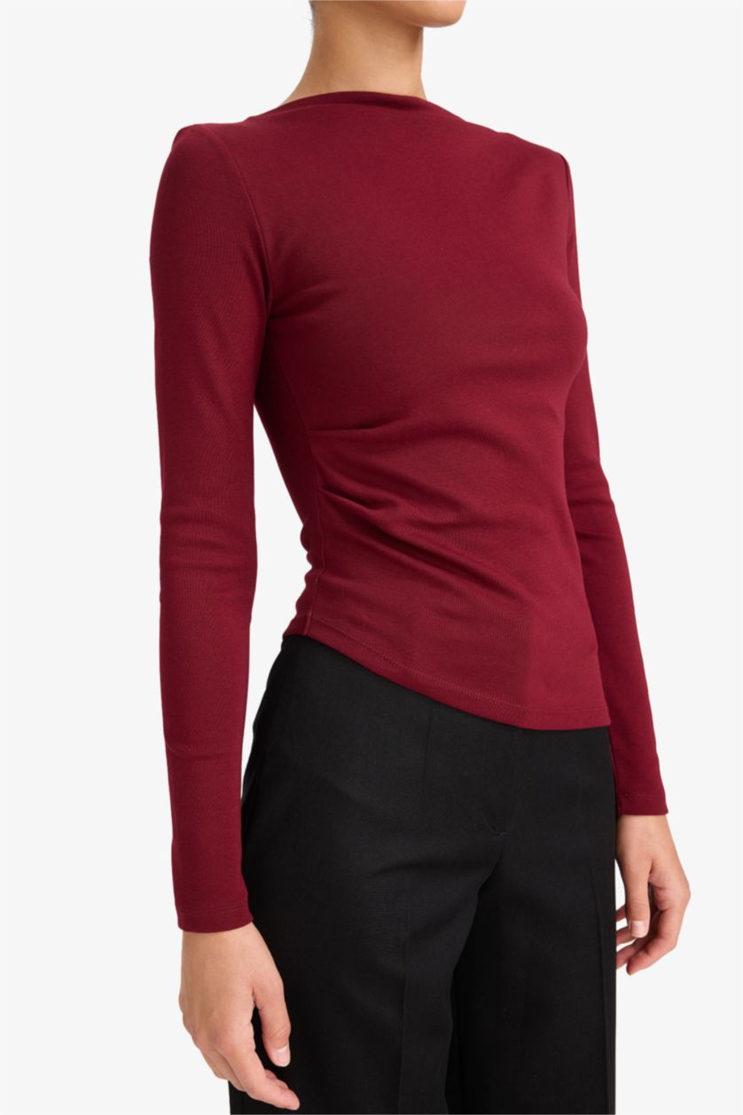 WOMAN Bordeaux Slim Fit Boat Neck Rib Long Sleeve T-Shirt