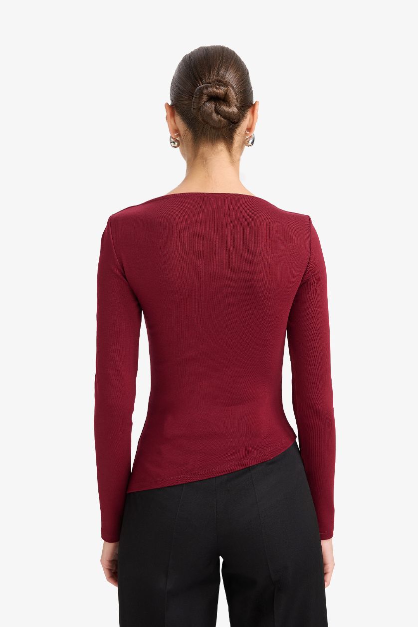 WOMAN Bordeaux Slim Fit Boat Neck Rib Long Sleeve T-Shirt