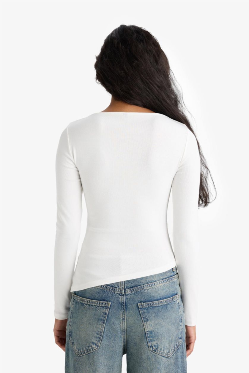 Woman Ecru Slim Fit Boat Neck Ribbed T-Shirt