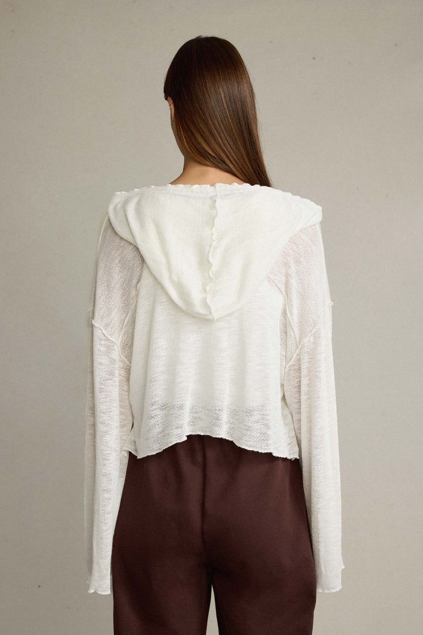 Kadın Beyaz Crop Kapüşonlu Pamuklu Uzun Kollu Hırka