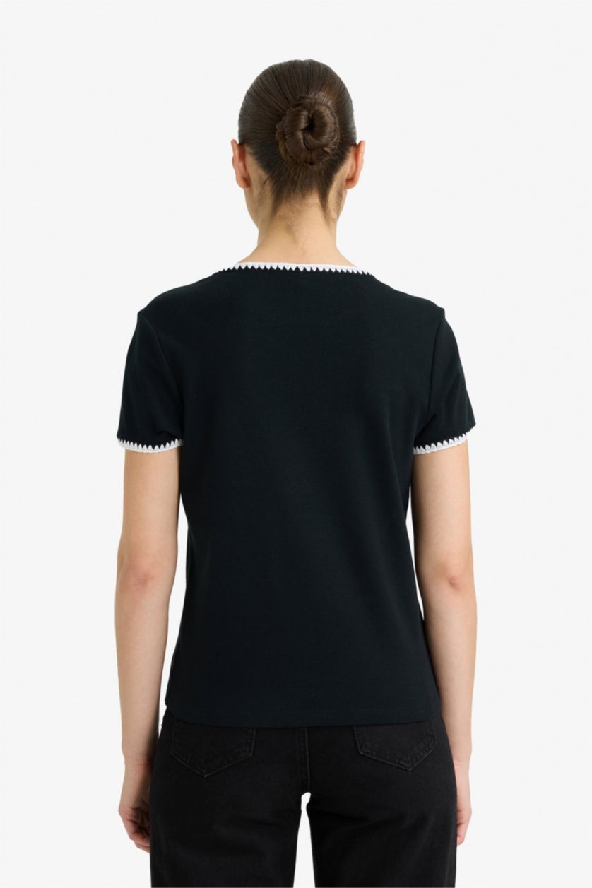 Женщины Черный Футболка в рубчик Slim Fit с коротким рукавом