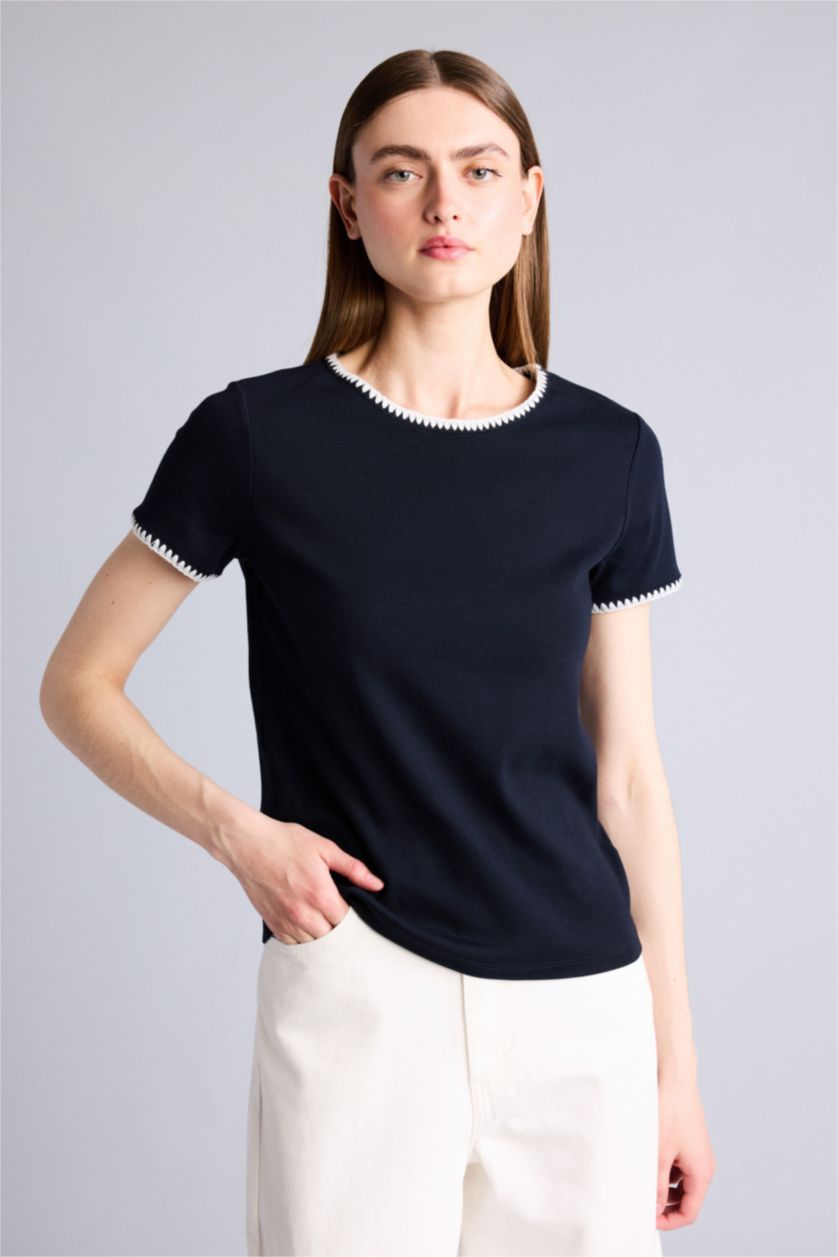 نساء كحلي Slim Fit Ribana Short Sleeve T-Shirt