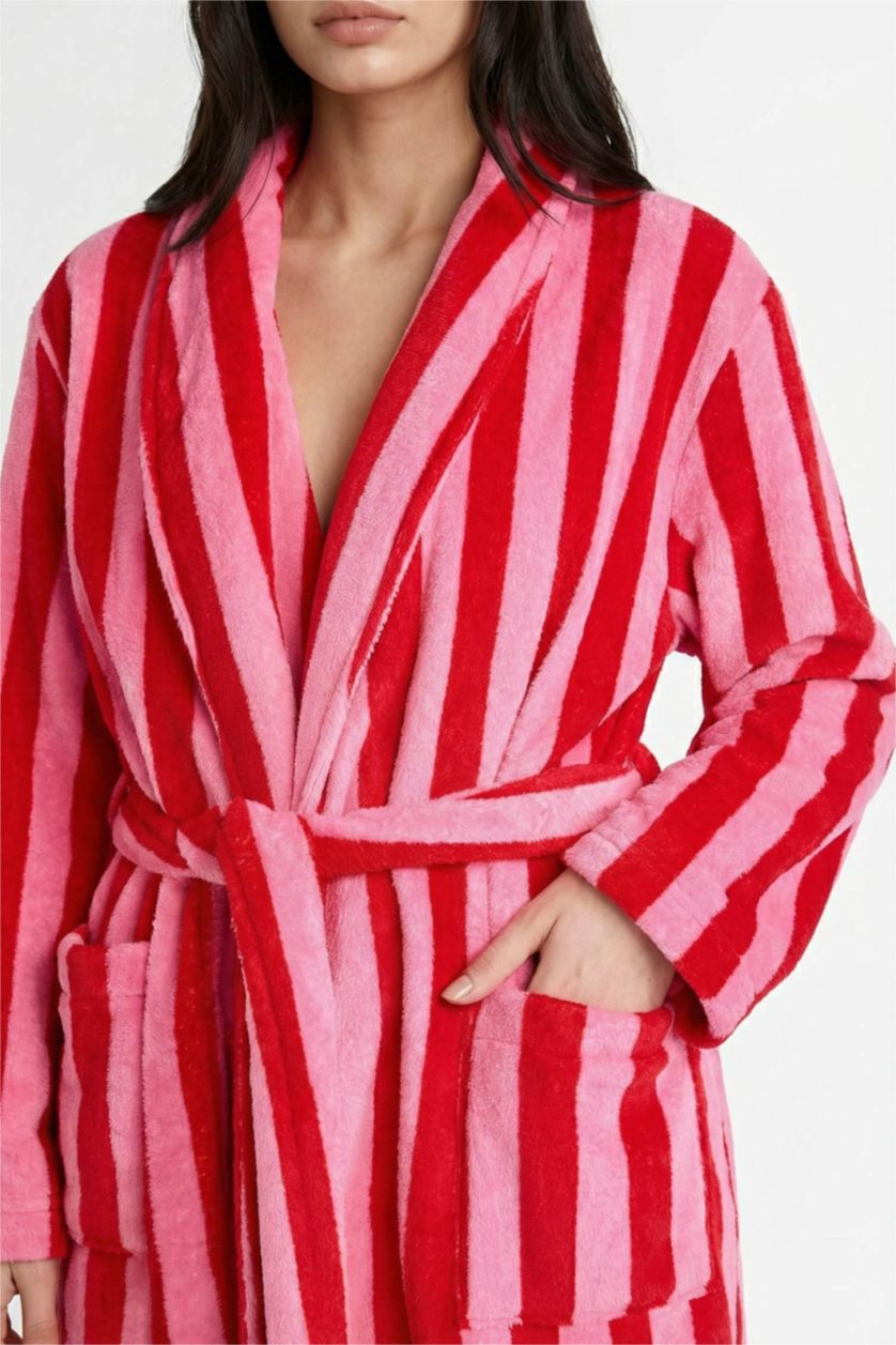 Kadın Kırmızı Regular Fit Çizgili Welsoft Pelüş Uzun Kollu Sabahlık