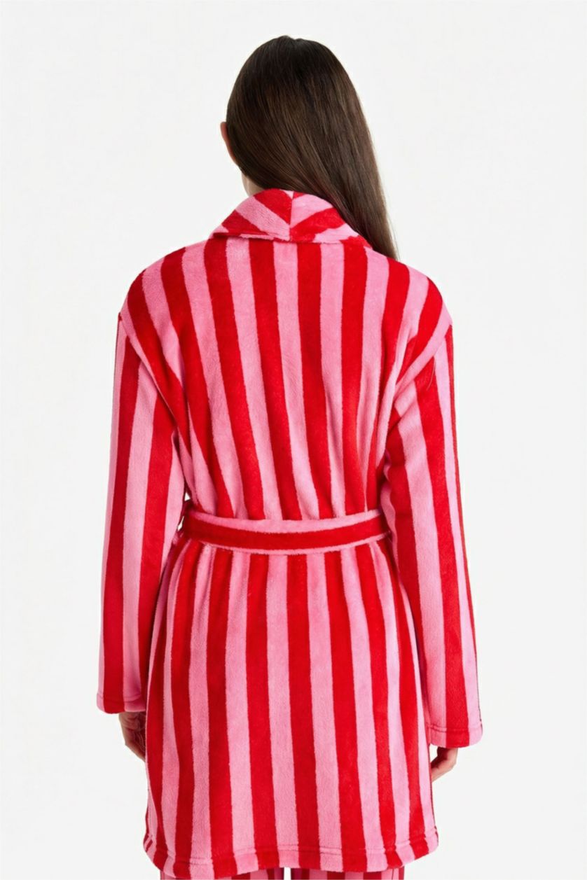 Kadın Kırmızı Regular Fit Çizgili Welsoft Pelüş Uzun Kollu Sabahlık