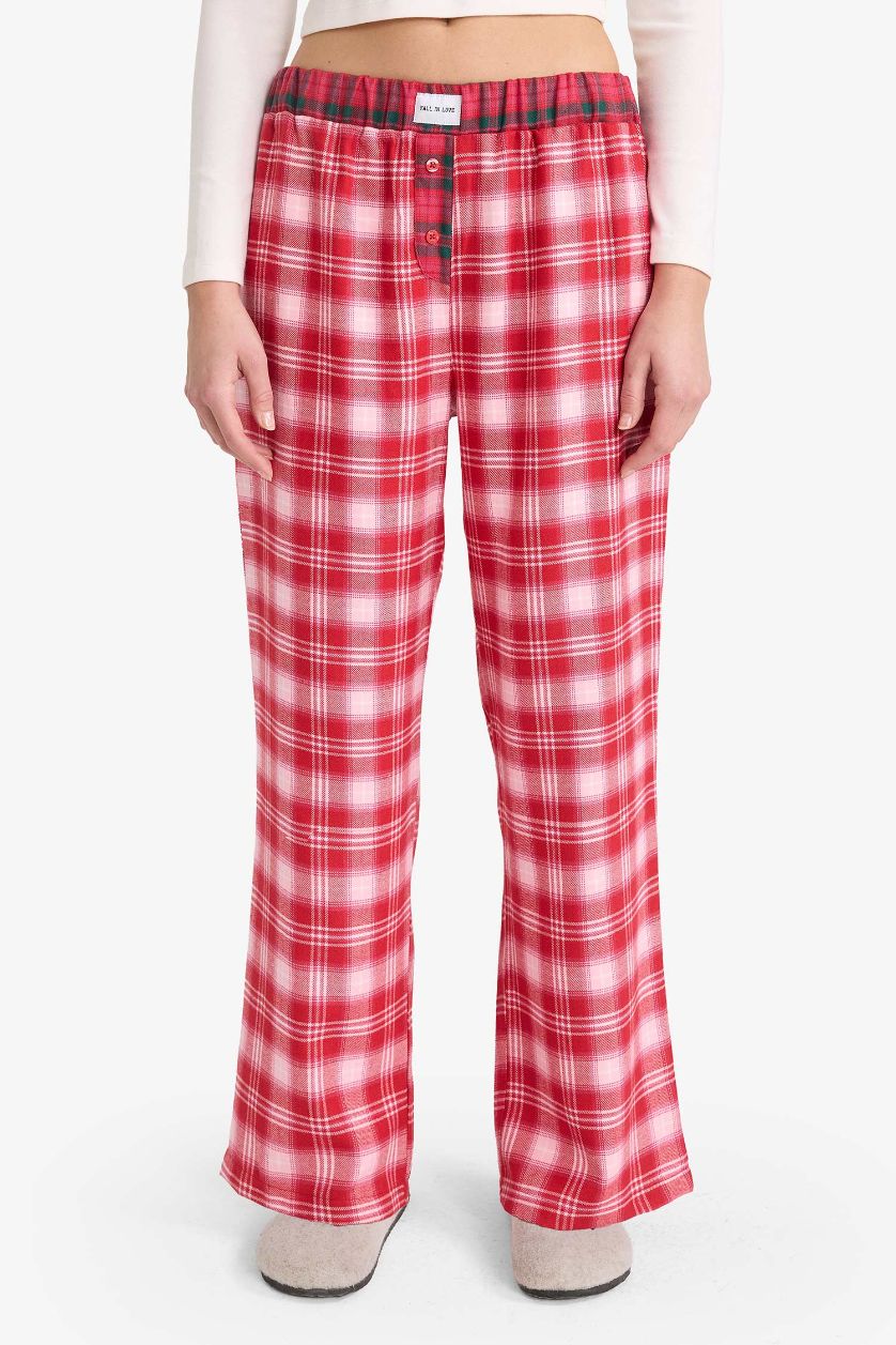 Kadın Kırmızı Regular Fit Flanel Kareli Pijama Altı