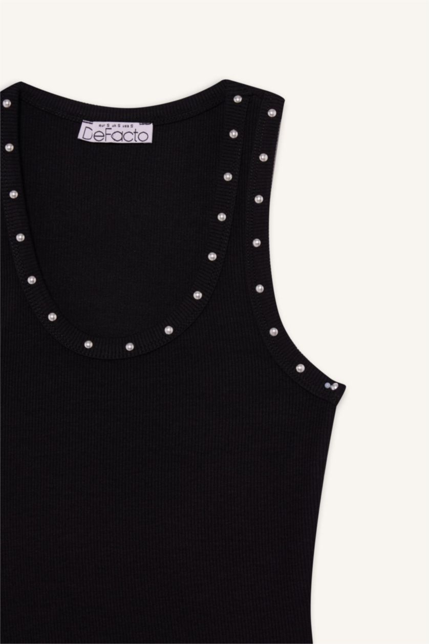 Kadın Siyah Fitted Kare Yaka Fitilli Kaşkorse Atlet