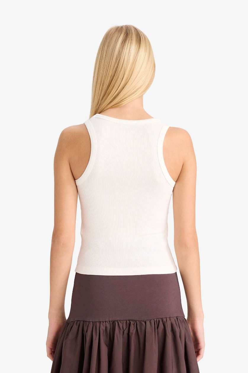 Kadın Kırık Beyaz Fitted Kare Yaka Fitilli Kaşkorse Atlet