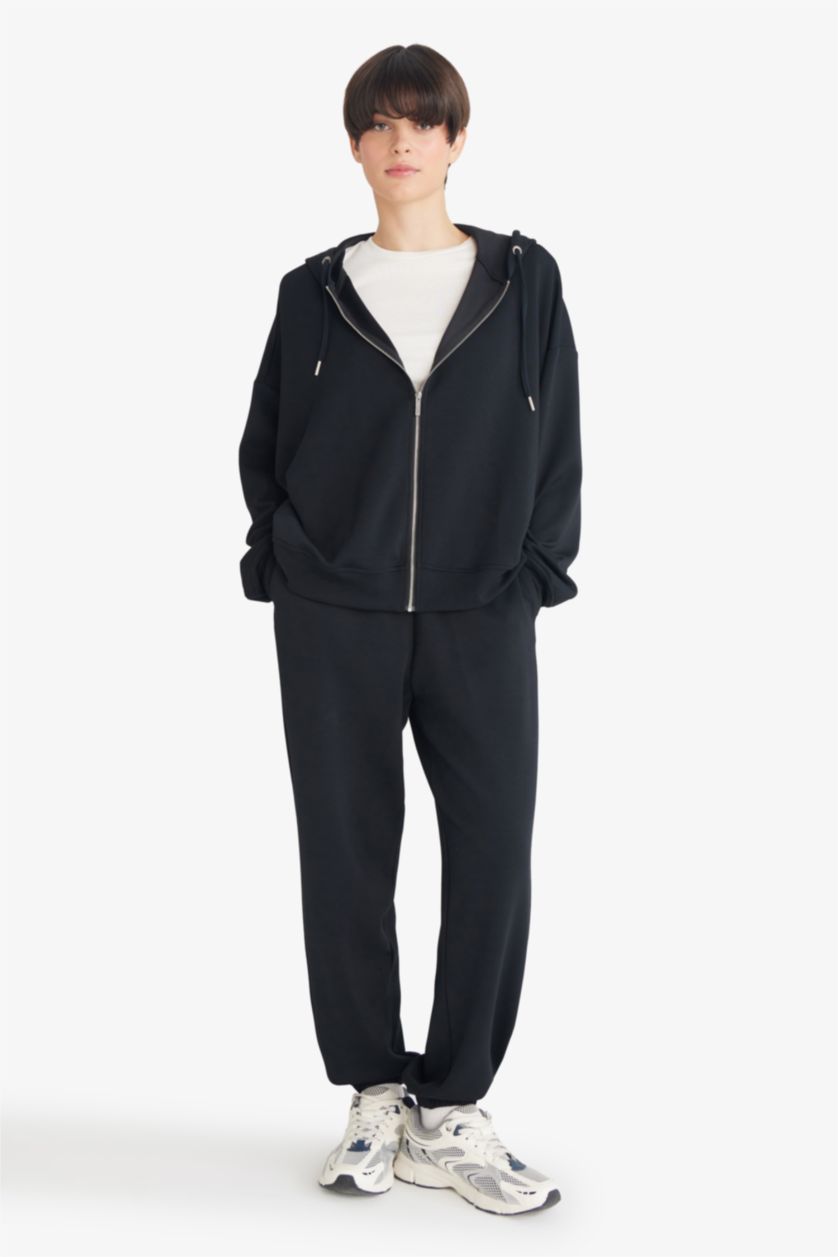 Woman Black Relax Fit Hooded Modal Hooded Sweatshirt