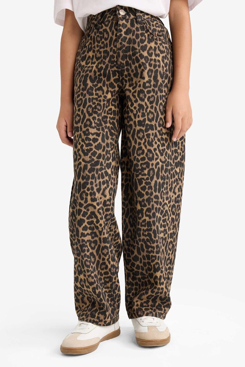 Kız Çocuk - Genç Kız Kahve Barrel Fit Leopar Desenli Pantolon Kız Çocuk