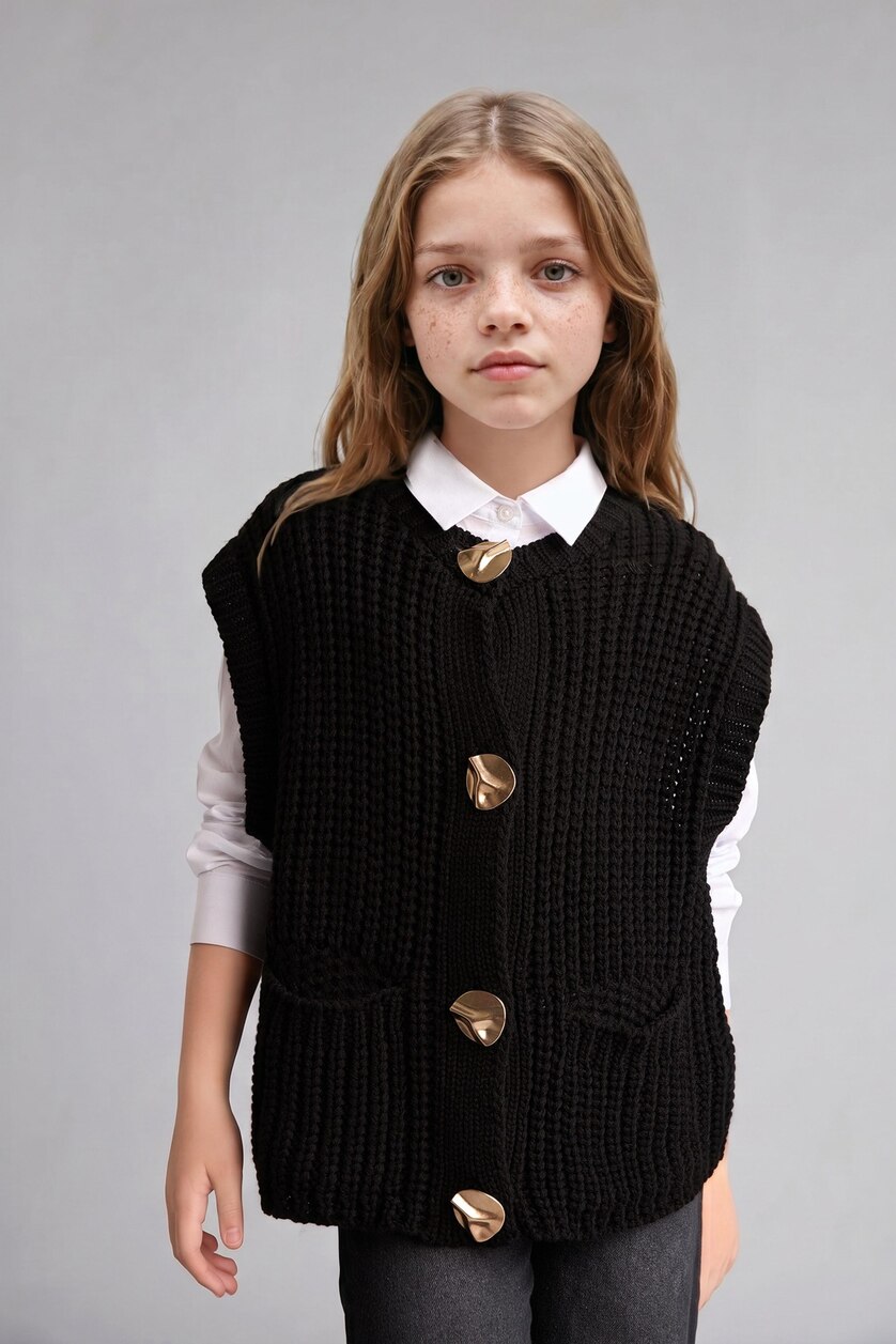 Young Girls - Teen Girls Black Girl Regular Fit Crew Neck Sweater Vest