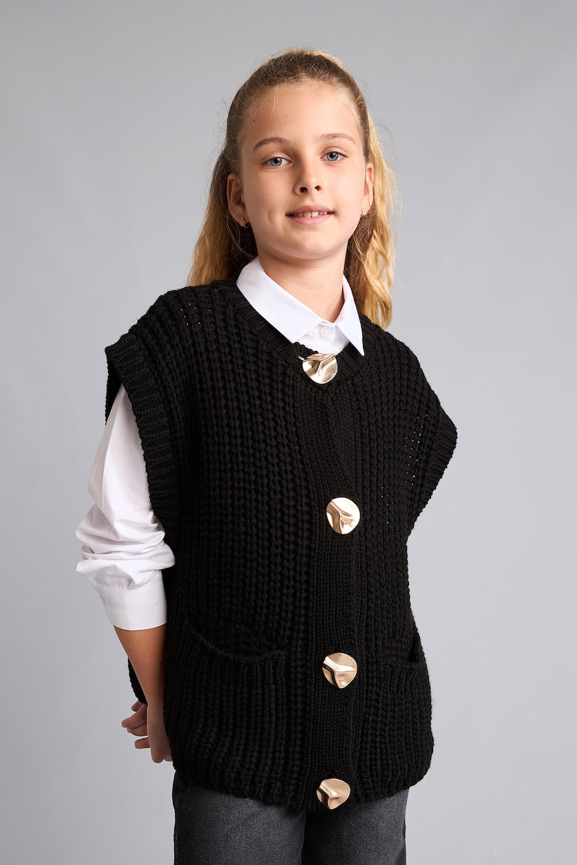 Girls & Teens Black يلك صوف قصة عادية بياقة مستديرة