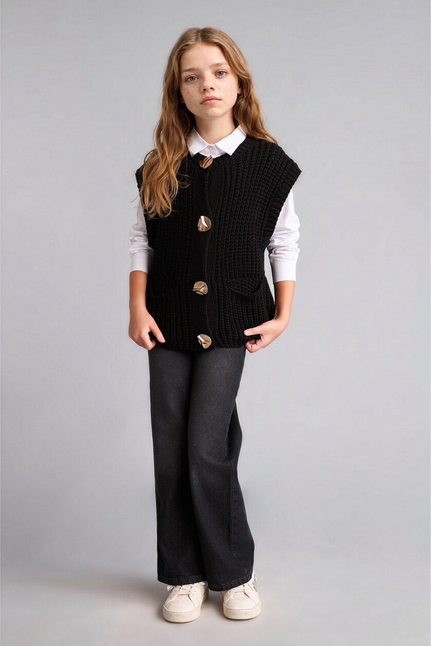 Young Girls - Teen Girls Black Girl Regular Fit Crew Neck Sweater Vest