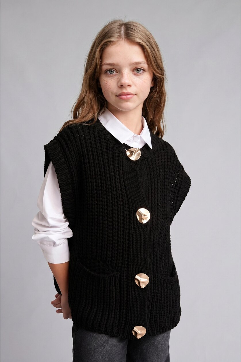Young Girls - Teen Girls Black Girl Regular Fit Crew Neck Sweater Vest